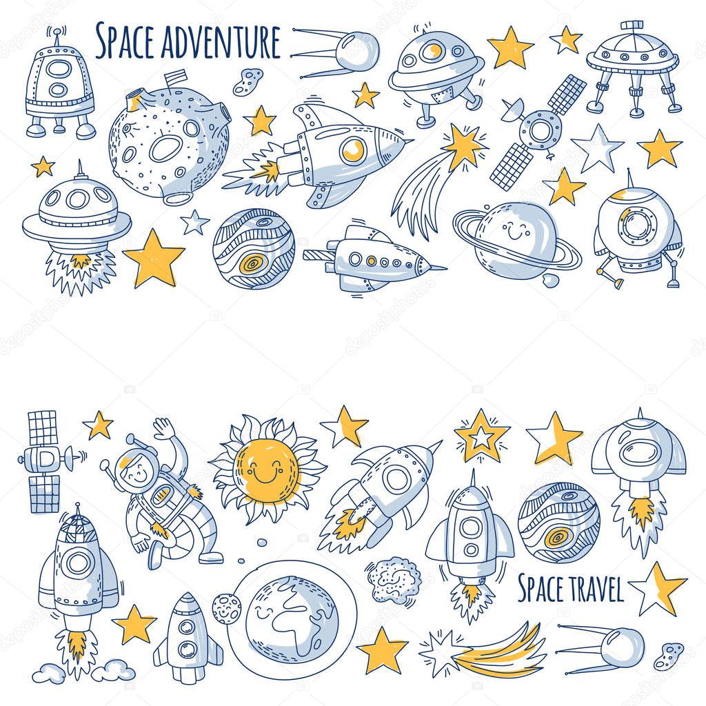 Space, satellite, moon, stars, spacecraft, space station Space hand drawn doodle icons and patterns