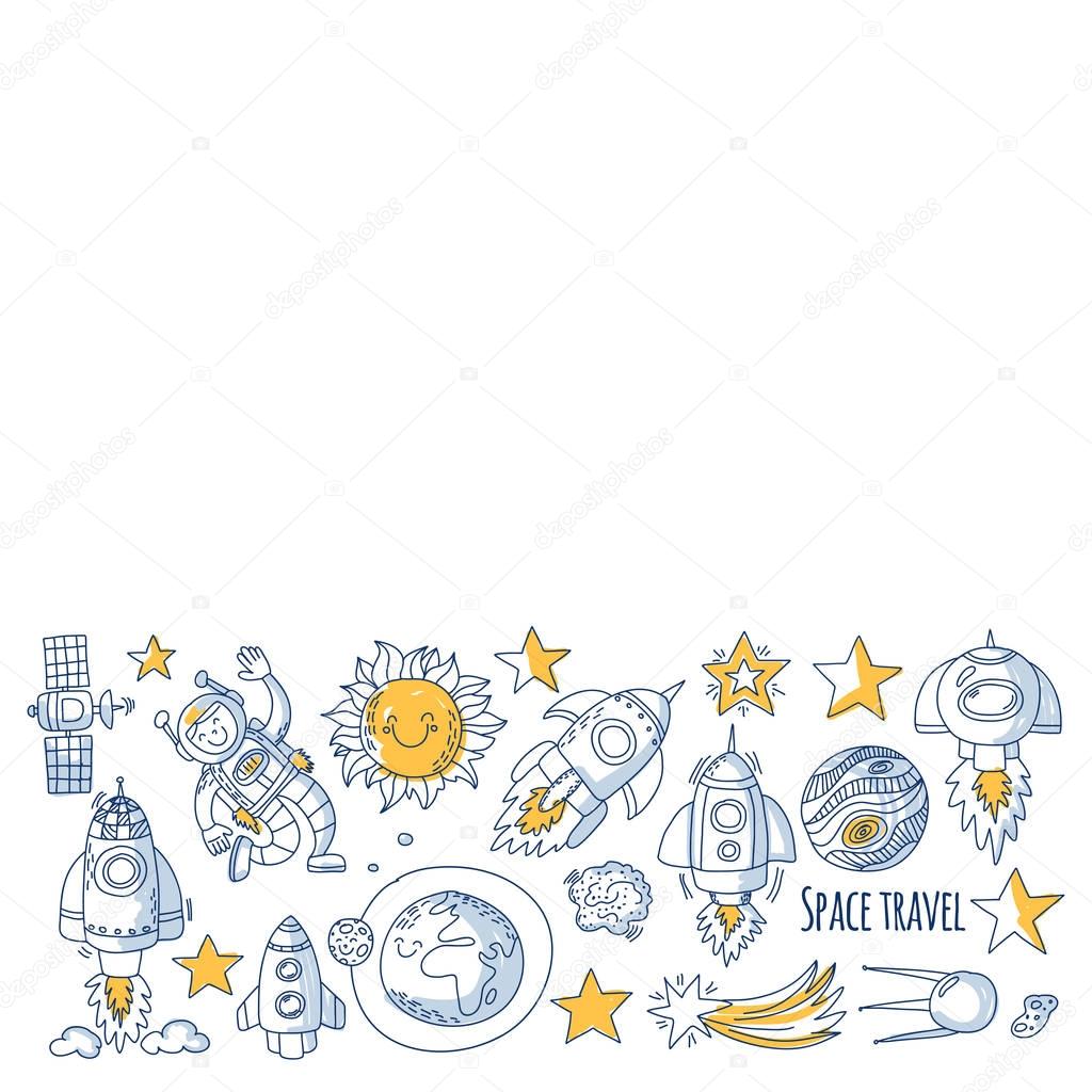 Space, satellite, moon, stars, spacecraft, space station Space hand drawn doodle icons and patterns