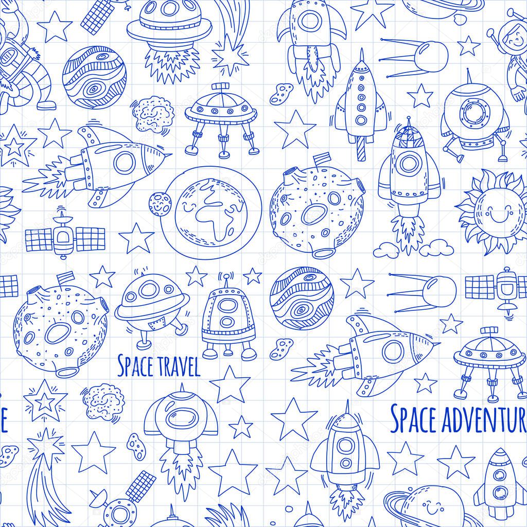 Seamless vector pattern Space, satellite, moon, stars, spacecraft, space station Space hand drawn doodle icons and patterns