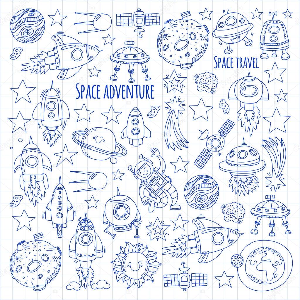 Space, satellite, moon, stars, spacecraft, space station Space hand drawn doodle icons and patterns