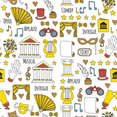 Elle çizilmiş doodle tiyatro yarım yamalak tiyatro icons tiyatro vektör çizim set performans öğeleri bilet maskeleri Lyra çiçek perde sahne hareket