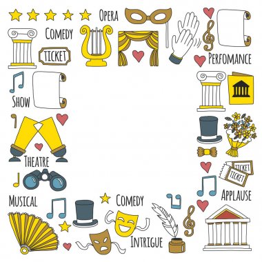 Elle çizilmiş doodle tiyatro yarım yamalak tiyatro icons tiyatro vektör çizim set performans öğeleri bilet maskeleri Lyra çiçek perde sahne hareket