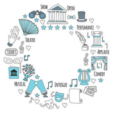 Elle çizilmiş doodle tiyatro yarım yamalak tiyatro icons tiyatro vektör çizim set performans öğeleri bilet maskeleri Lyra çiçek perde sahne hareket