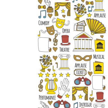 Elle çizilmiş doodle tiyatro yarım yamalak tiyatro icons tiyatro vektör çizim set performans öğeleri bilet maskeleri Lyra çiçek perde sahne hareket
