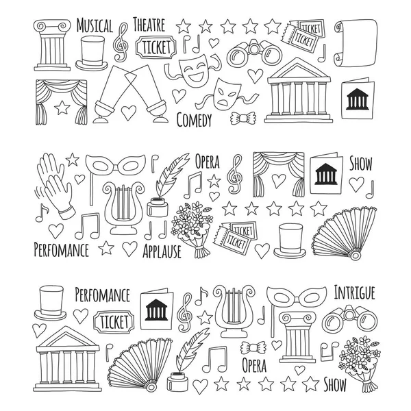 Doodle desenhado à mão Conjunto de teatro ilustração vetorial Ícones de teatro esboçado Elementos de atuação de teatro Máscaras de ingresso Lyra Flores Palco de cortina — Vetor de Stock