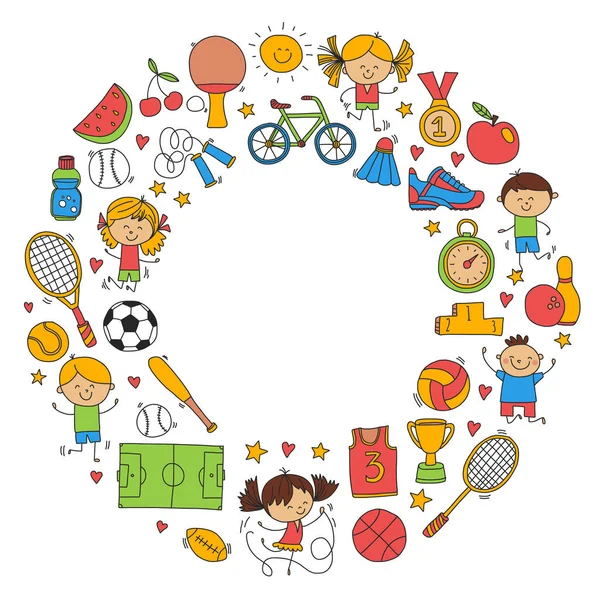 Niños deporte Fitness Fútbol Voleibol Tenis Baloncesto Bicicleta Running Award Béisbol Niños deporte para niños y niñas Patrón vectorial — Vector de stock