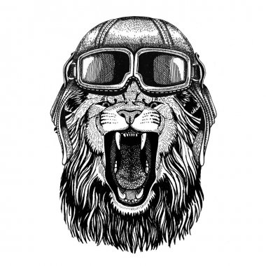 Deri kask Aviator, motosiklet, motosiklet giyen aslan dövme, amblem, rozet, logo, yama için çizilen illüstrasyon el