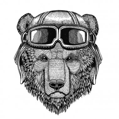 Dövme, amblem, rozet, logo, yama için çizilen illüstrasyon kahverengi ayı Rus ayısına giyen deri kask Aviator, motosiklet, motosiklet el