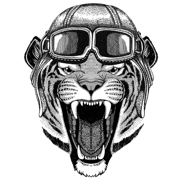 Wild tiger Aviator, biker, motorcycle Hand drawn illustration for tattoo, emblem, badge, logo, patch — Stock Photo, Image