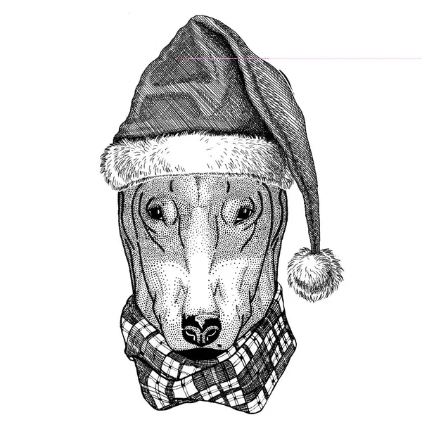 Σκύλος για το σχεδιασμό t-shirt που φοράει καπέλο Πρωτοχρονιάς παραμονή των Χριστουγέννων καλά Χριστούγεννα και Ευτυχισμένο το νέο έτος Zoo ζωής διακοπές εορτασμού Αϊ Βασίλη καπέλο — Φωτογραφία Αρχείου