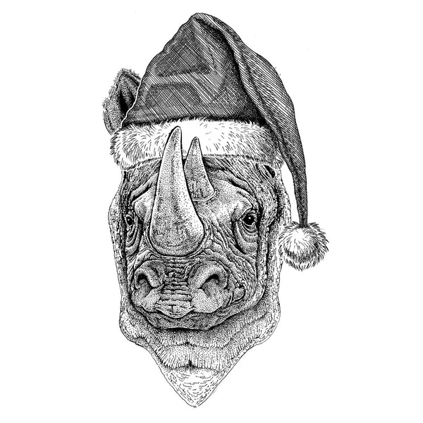 Nosorożec, rhino noszenia Boże Narodzenie kapelusz nowy rok eve Wesołych Świąt i szczęśliwego nowego roku Zoo życie święta celebracja ręka narysowanych obrazu — Zdjęcie stockowe