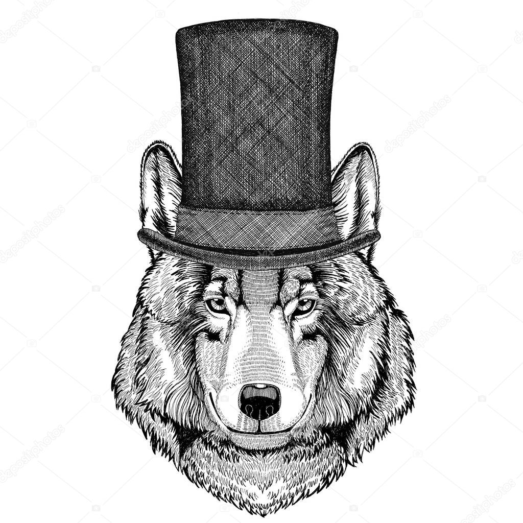 Vintage style drawing Animal wearing cylinder top hat