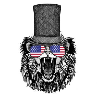 Silindir şapka ve gözlük ABD ile aslan Amerika Birleşik Devletleri bayrağı bayrak