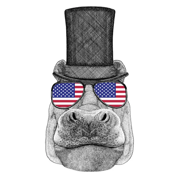 Hipopótamo, Hipopótamo, gigante, cavalo-rio usando chapéu de topo de cilindro e óculos com bandeira dos EUA — Fotografia de Stock