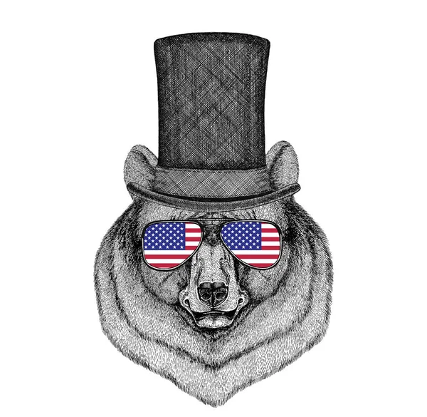 Oso Negro Oso Americano con sombrero de copa y gafas con bandera de los Estados Unidos — Foto de Stock