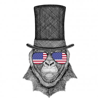 Goril, maymun, maymun korkunç hayvan giyen silindir şapka ve gözlük ABD bayrağı Amerika Birleşik Devletleri bayrağı ile