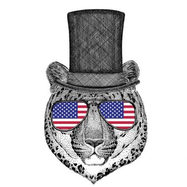 Vahşi kedi leopar kedi-o-dağ Panter'in giyen silindir silindir şapka ve gözlük ABD ile Amerika Birleşik Devletleri bayrağı bayrak