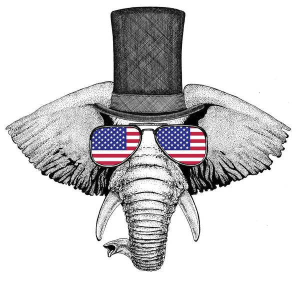 Afrikaanse of de Indische olifant dragen cilinder hoge hoed en bril met usa vlag vlag van de Verenigde Staten van Amerika — Stockfoto