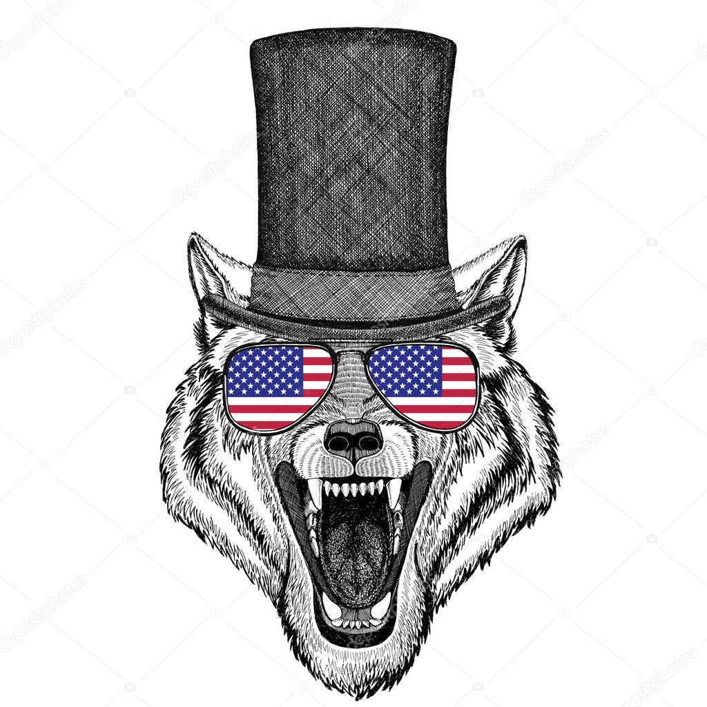 Wolf Dog Wild animal wearing cylinder top hat and glasses with usa flag United states of America flag