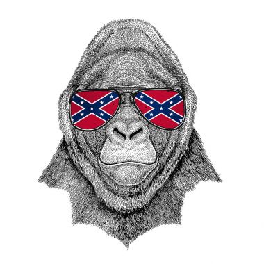 Goril, maymun, maymun korkunç hayvan Amerika ABD bayrağı gözlük vahşi hayvan Konfedere Devletleri ulusal bayrak ile gözlük takan t-shirt, poster, rozet, banner, amblem, logo