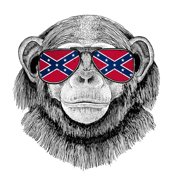 Scimpanzé Scimmia indossa occhiali con bandiera nazionale degli Stati Confederati d'America Usa occhiali bandiera Animali selvatici per t-shirt, poster, distintivo, banner, emblema, logo — Foto Stock