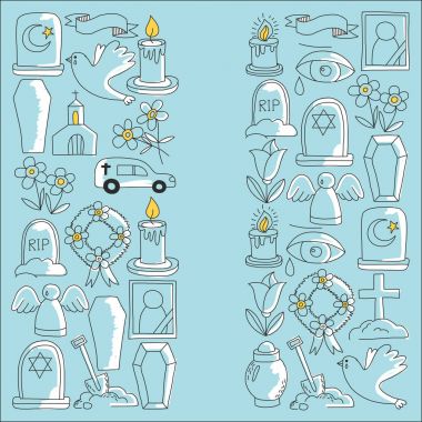 Cenaze ince çizgi simgesi. Cenaze nesneleri Doodle vektör simgeler RIP set
