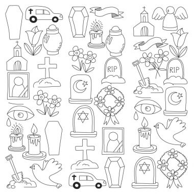 Cenaze ince çizgi simgesi. Cenaze nesneleri Doodle vektör simgeler RIP set