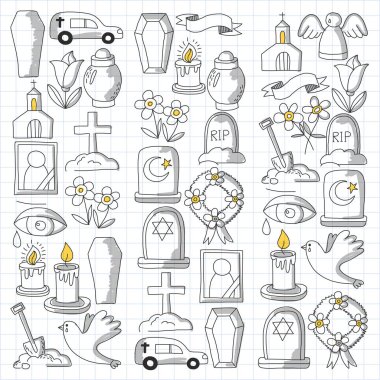 Cenaze ince çizgi simgesi. Cenaze nesneleri Doodle vektör simgeler RIP set