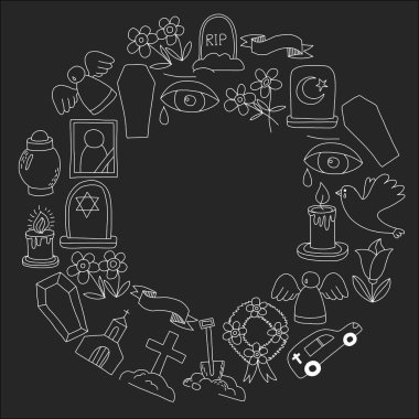 Cenaze ince çizgi simgesi. Cenaze nesneleri Doodle vektör simgeler RIP set