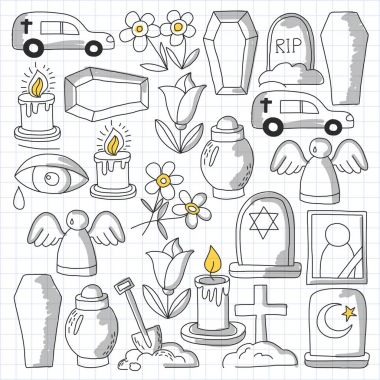 Cenaze ince çizgi simgesi. Cenaze nesneleri Doodle vektör simgeler RIP set