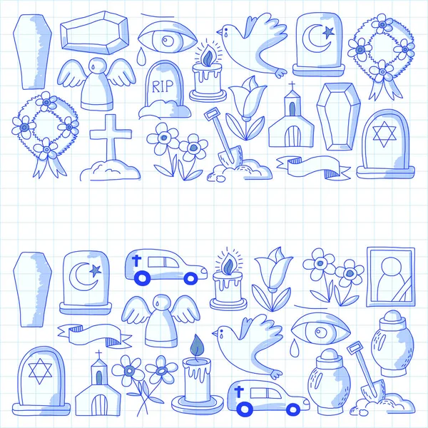 Icono de línea delgada funeraria. Conjunto de objetos funerarios Doodle vector iconos RIP — Archivo Imágenes Vectoriales