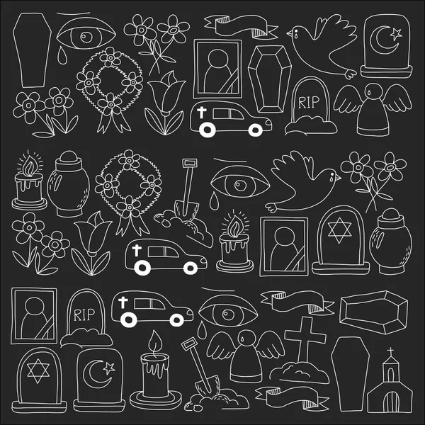 Icono de línea delgada funeraria. Conjunto de objetos funerarios Doodle vector iconos RIP — Archivo Imágenes Vectoriales