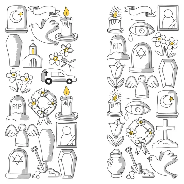 Beerdigung auf dünnem Grat. Reihe von Bestattungsobjekten Doodle-Vektor-Symbole rippen — Stockvektor