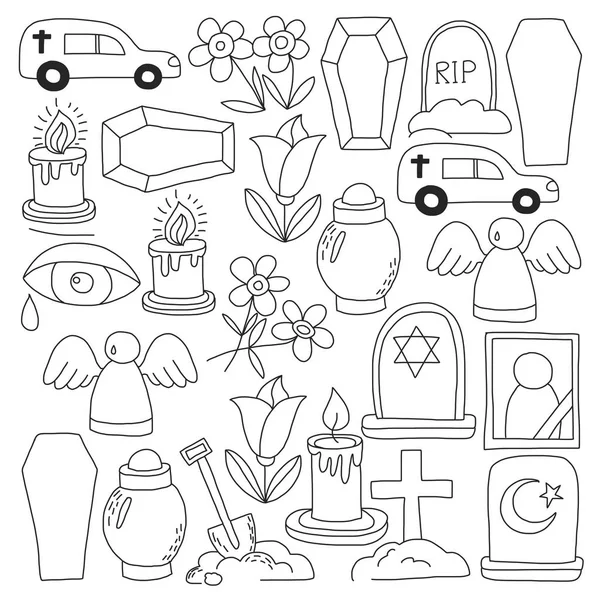 Icona funebre linea sottile. Set di oggetti funerari Icone vettoriali Doodle RIP — Vettoriale Stock