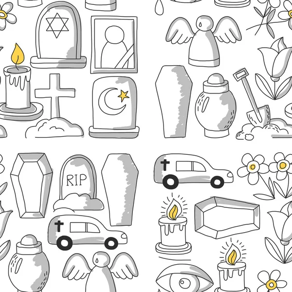 Icono de línea delgada funeraria. Conjunto de objetos funerarios Doodle vector iconos RIP — Archivo Imágenes Vectoriales