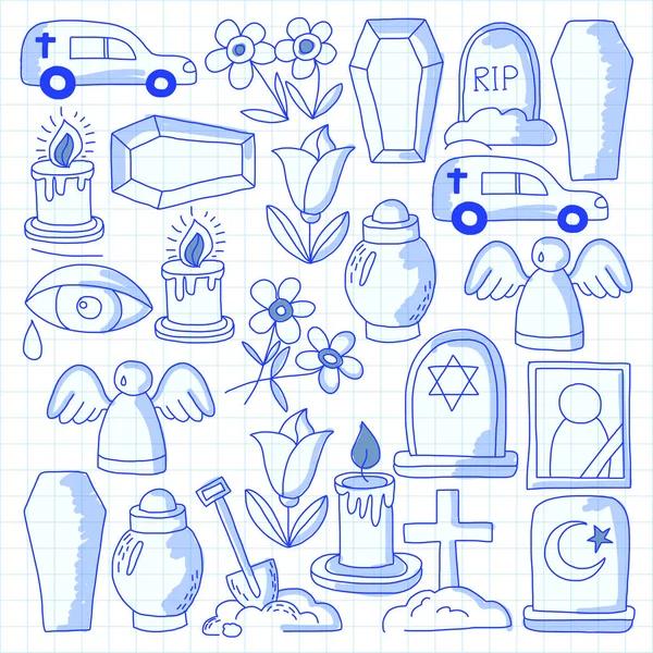 Icono de línea delgada funeraria. Conjunto de objetos funerarios Doodle vector iconos RIP — Archivo Imágenes Vectoriales