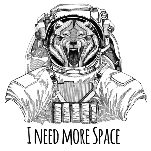 Wolf Dog Animal salvaje con traje espacial Astronauta animal salvaje Explorador de galaxias Ilustración dibujada a mano para camiseta — Foto de Stock