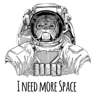 Bulldog giyen uzay giysisi vahşi hayvan astronot uzay adamı Galaxy keşif el t-shirt için çizilen illüstrasyon
