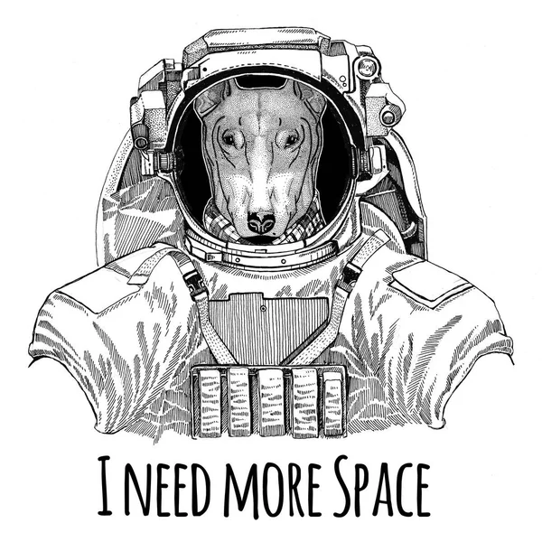 PERRO para el diseño de camisetas con traje espacial Astronauta animal salvaje Explorador de galaxias Ilustración dibujada a mano para camiseta —  Fotos de Stock