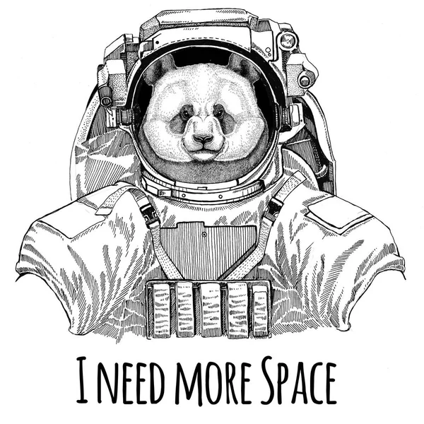 팬더 곰, 대나무 곰 착용 우주 복 야생 동물 우주 비행사 우주인은 탐사 손을 t-셔츠에 그려진된 그림 — 스톡 사진