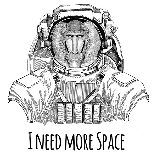 Apa, babian, hund-ape, ape bära rymddräkt vilda djur astronaut Spaceman Galaxy prospektering Hand dras illustration för t-shirt — Stockfoto