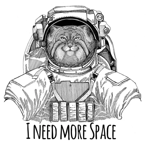 Gato salvaje Manul vistiendo traje espacial Astronauta animal salvaje Hombre espacial Exploración de galaxias Ilustración dibujada a mano para camiseta — Foto de Stock