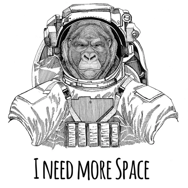 Gorila, opice, opice strašný zvířat nošení skafandr divokých zvířat astronaut Spaceman Galaxy průzkum ručně kreslené ilustrace pro tričko — Stock fotografie