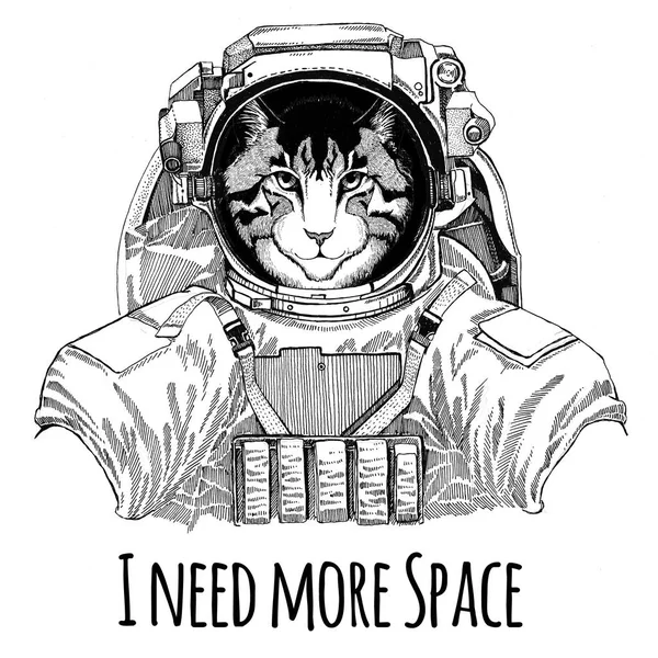 Bild der Hauskatze trägt Weltraumanzug wildes Tier Astronaut Raumfahrer Galaxie Erforschung handgezeichnete Abbildung für T-Shirt — Stockfoto