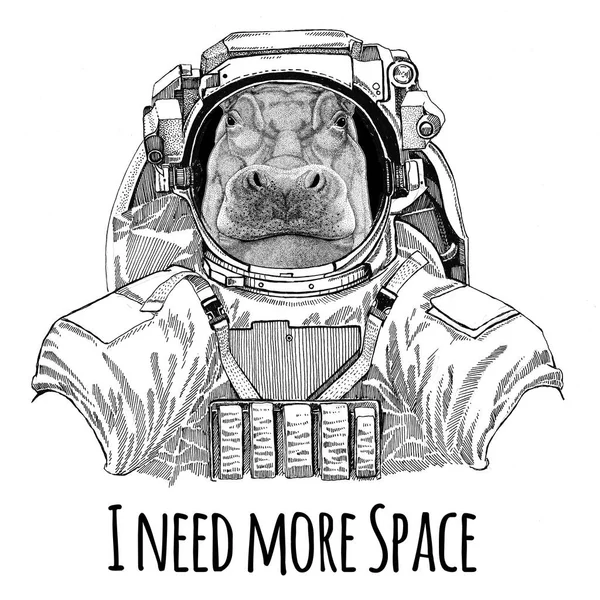 하 마, 하 마, 괴수, 강 말 입고 우주 복 야생 동물 우주 비행사 우주인은 탐사 t-셔츠에 대 한 손으로 그린 그림 — 스톡 사진