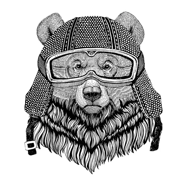 Медведь гризли Большой дикий медведь в винтажном мотоциклетном шлеме татуировка, значок, эмблема, логотип, пластырь, футболка — стоковое фото