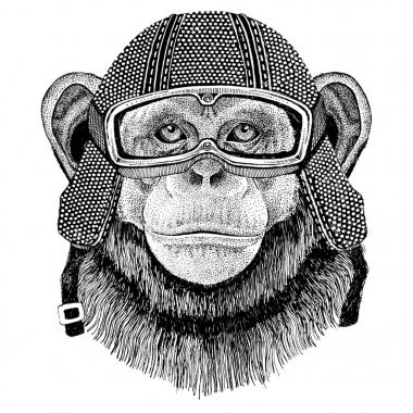 Vintage motosiklet kask dövme, rozet, amblem, logo, yama, t-shirt giyen şempanze maymun