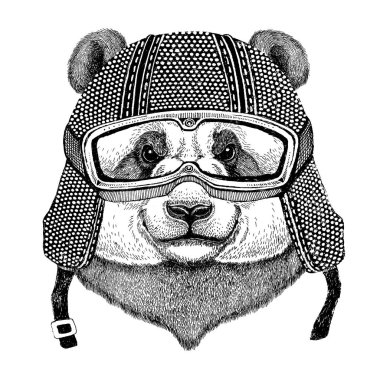 Ayı Panda, vintage motosiklet giyen bambu ayı kask dövme, rozet, amblem, logo, yama, t-shirt