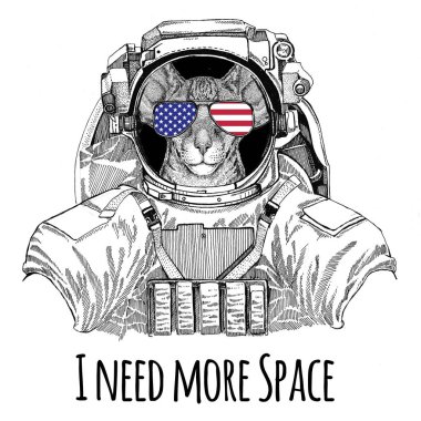 ABD bayrağı gözlük Amerikan bayrağı Amerika Birleşik Devletleri bayrağı oryantal kedi koca kulaklı uzay giysisi vahşi hayvan astronot uzay adamı Galaxy keşif el giyen illüstrasyon t-shirt için çizilmiş