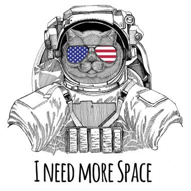 ABD bayrağı gözlük Amerikan bayrağı Amerika Birleşik Devletleri bayrağı Brithish asil kedi erkek giyen uzay giysisi vahşi hayvan astronot uzay adamı Galaxy keşif el illüstrasyon t-shirt için çizilmiş